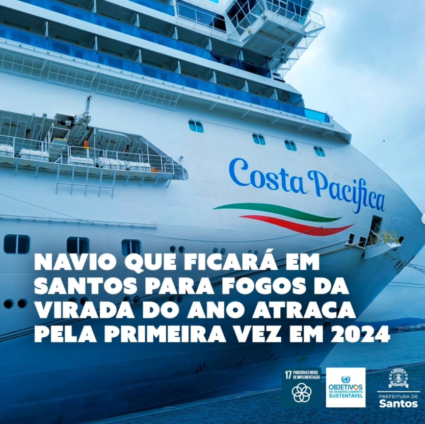 Navio que ficará em Santos para fogos da virada do ano atraca pela primeira vez em 2024
