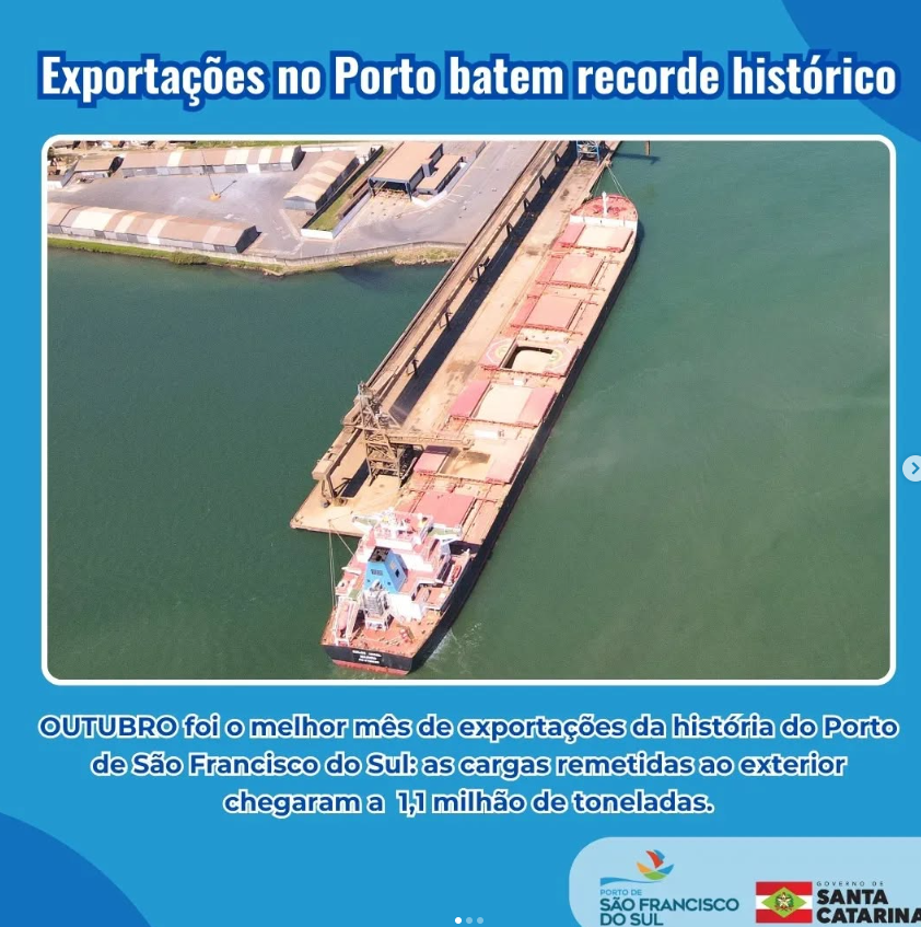 Exportações no Porto de São Francisco alcançam 1,1 milhão de toneladas em outubro e batem recorde histórico